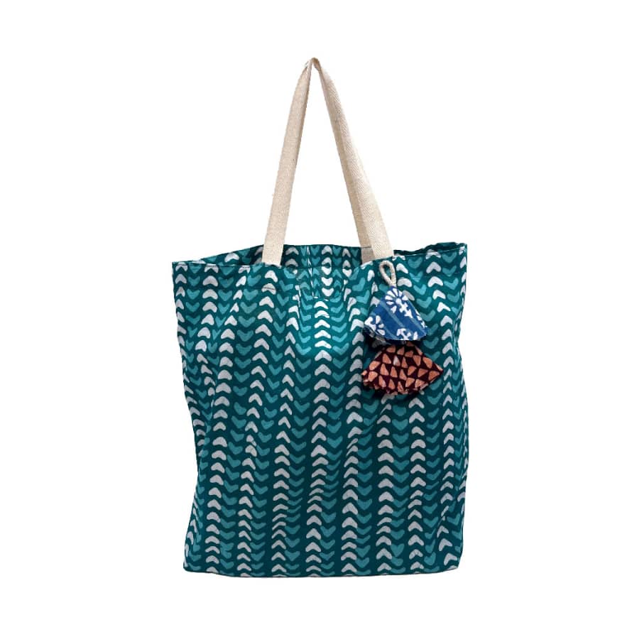 Paper Mirchi Large Fabric Tote Gift Bag with Teal Hearts