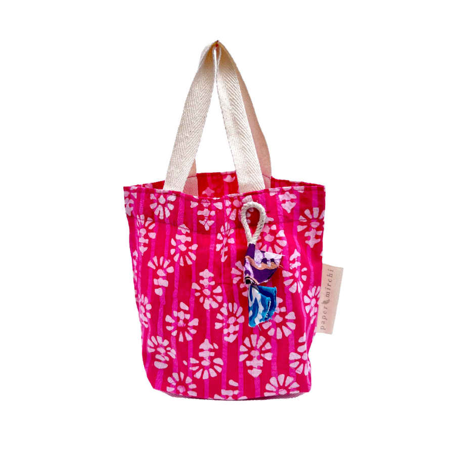 Paper Mirchi Small Fabric Tote Gift Bag with Pink Flowers
