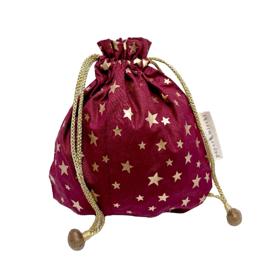Paper Mirchi Fabric Burgundy with Gold Stars Gift Bag