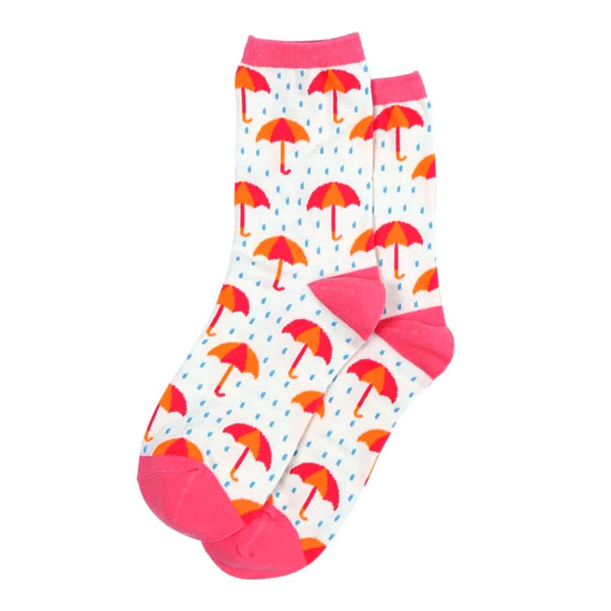 Miss Shorthair Women's Pink and Cream Umbrella Patterned Bamboo Socks