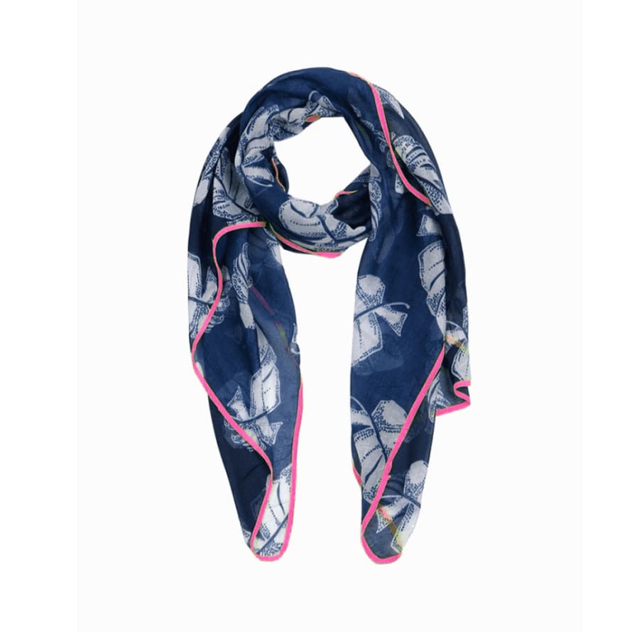 Miss Shorthair Navy Tropical Leaf Patterned Scarf with Neon Pink Trim