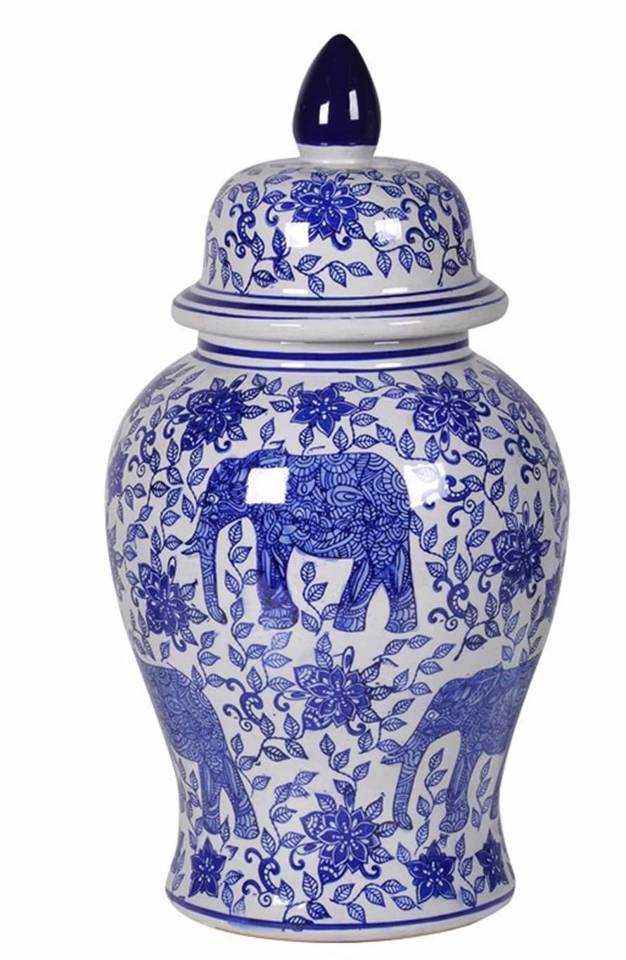 THE BROWNHOUSE INTERIORS Blue/white Elephant Temple Jar