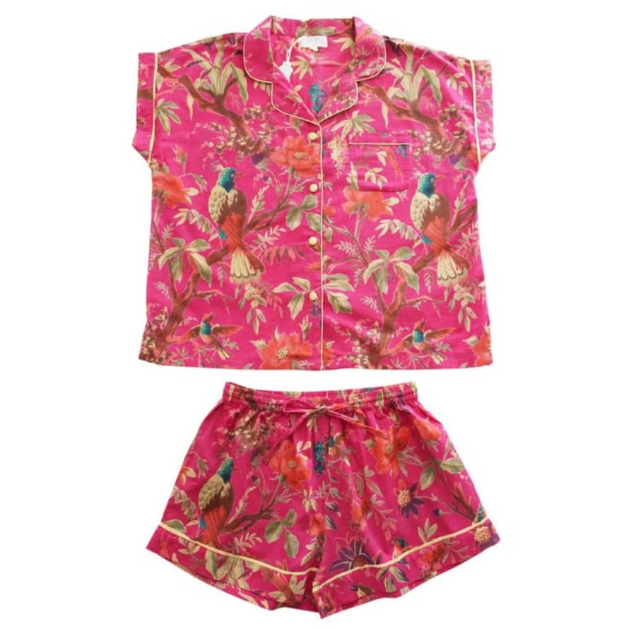 Powell Craft Ladies Hot Pink Birds of Paradise Print Cotton Short Pyjama Set