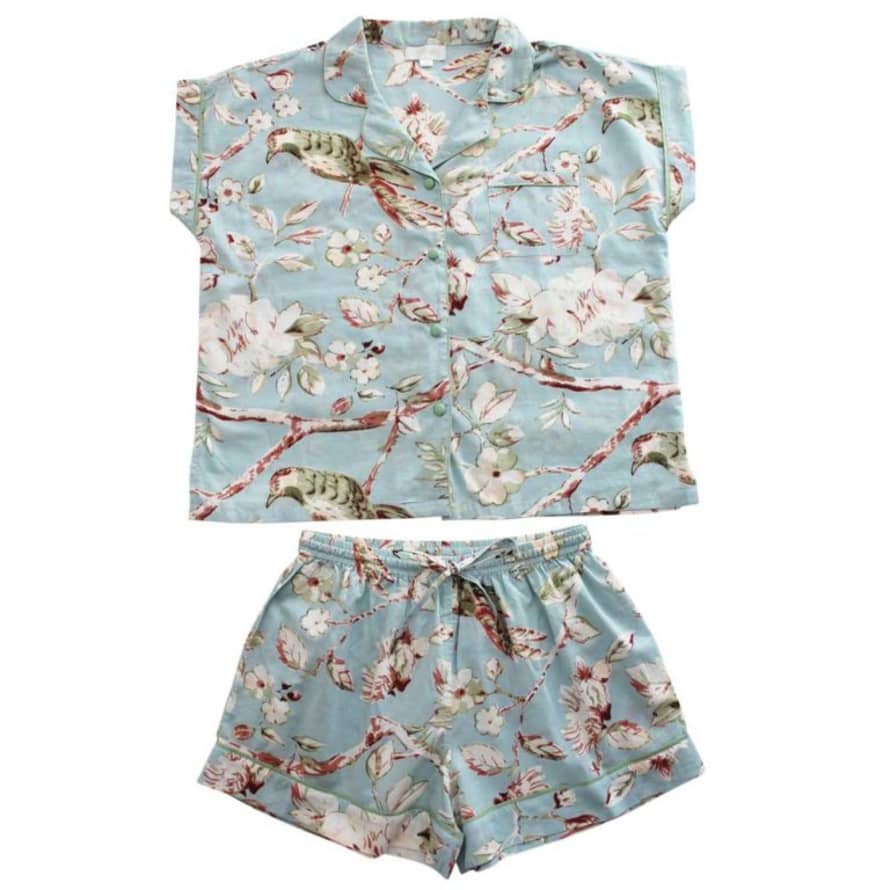 Powell Craft Ladies Blue Blossom and Bird Print Cotton Short Pyjama Set