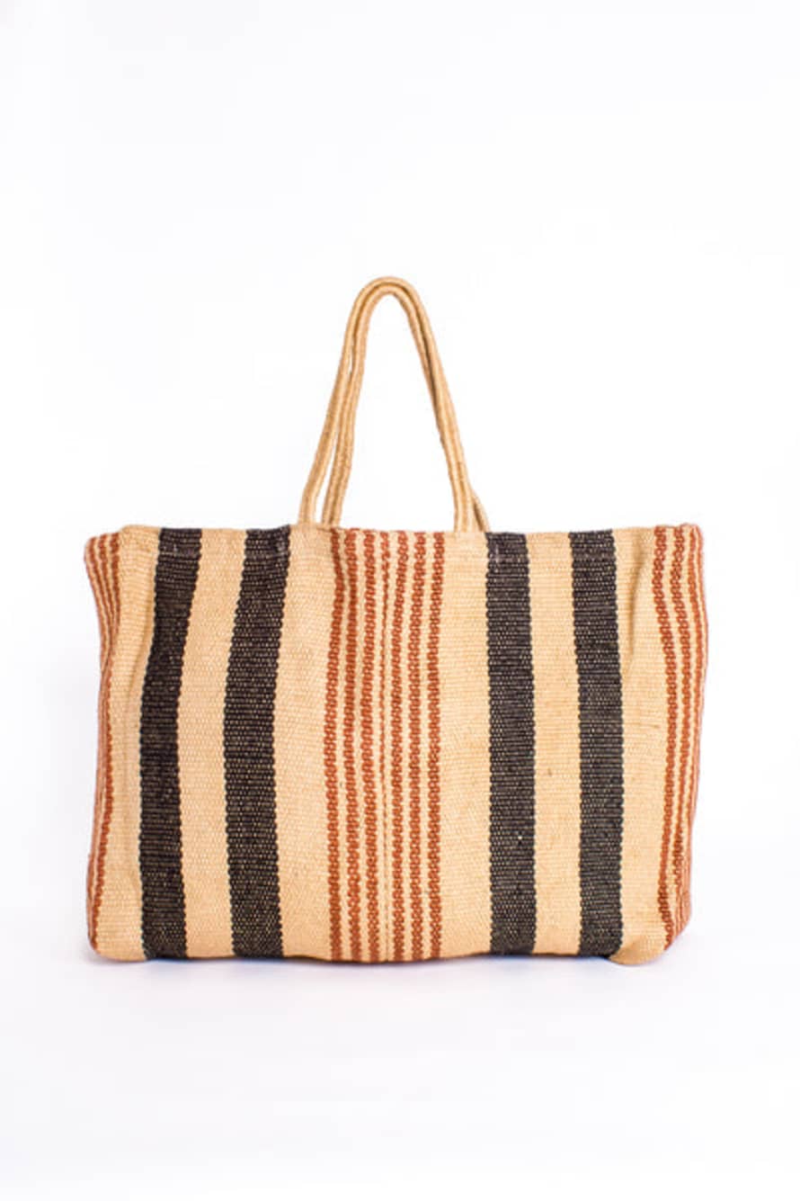 Maison Bengal Long Handled Extra Large Jute Poresh Hold-all - Natural / Black / Red Stripe