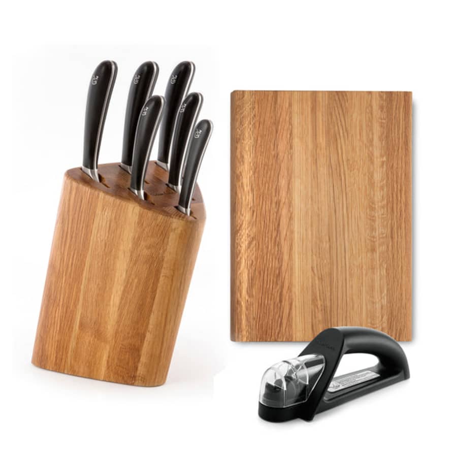 Robert Welch Oak Signature Prism Knife Block Set with Classic Chopping Board and Sharpener