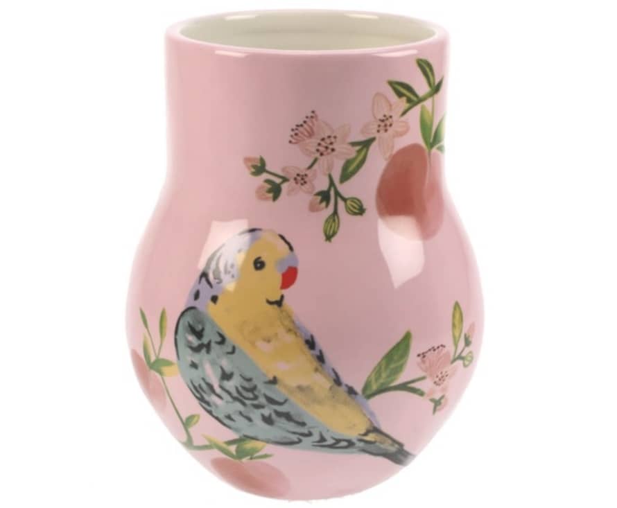 Meander Pink Vase with Budgie and Flowers