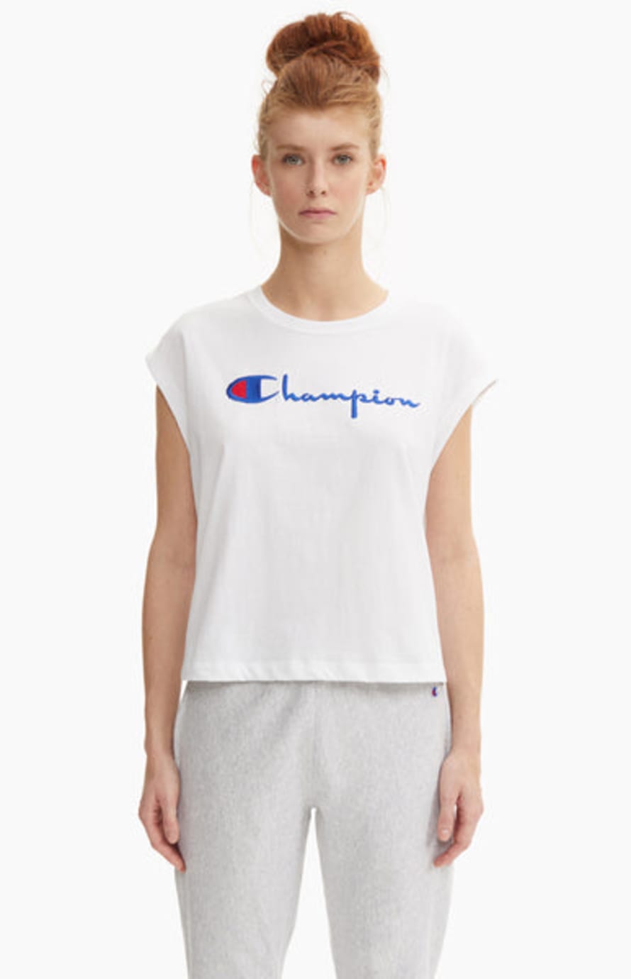 Champion Oversized Cropped Logo Crew Tshirt White