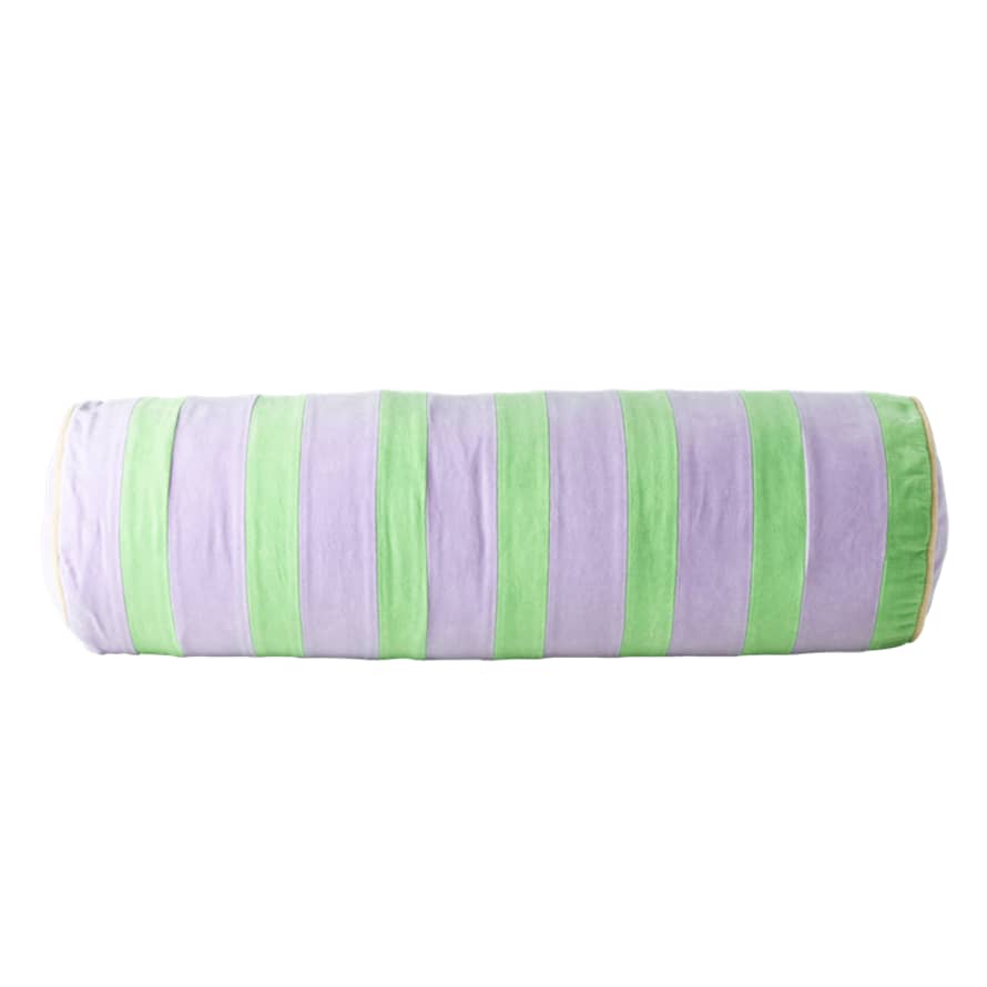 Rice by Rice Soft Velvet Bolster Pillow with Lavender and Green Stripes - Diametre 25, Width 80 cm 