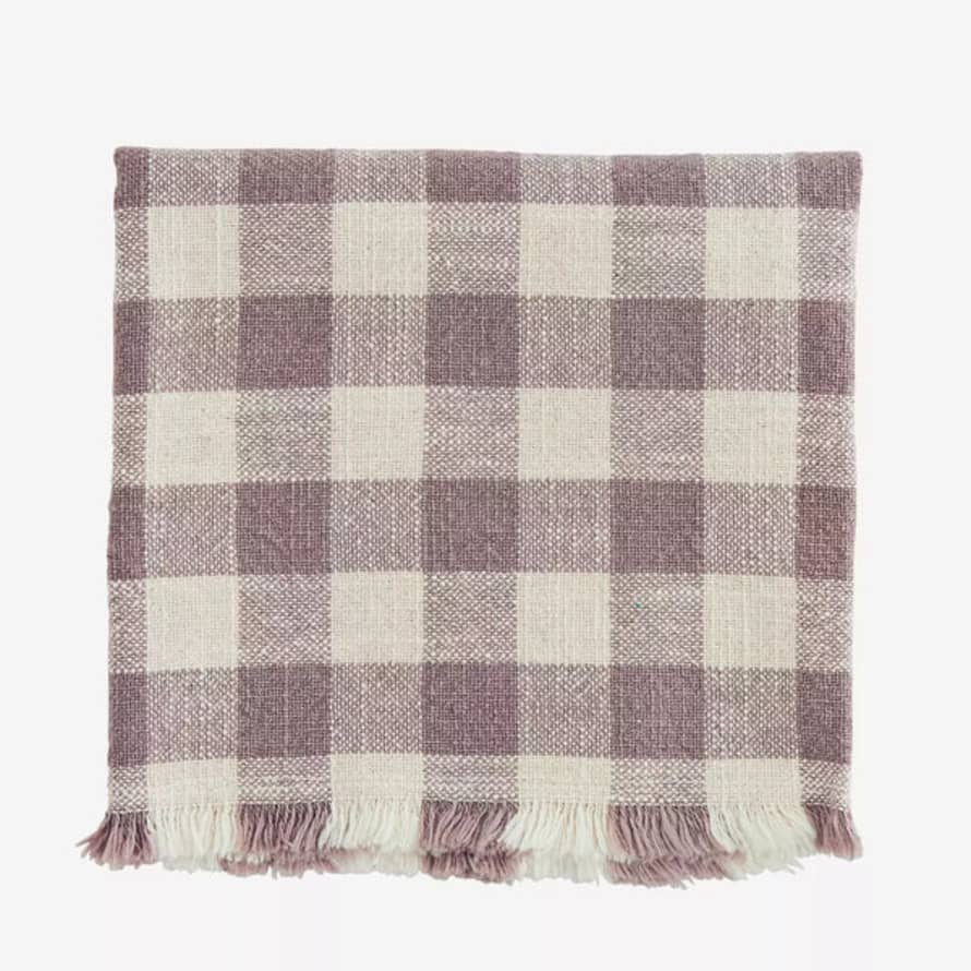 Madam Stoltz Lilac and Ecru Checked Kitchen Towel with Fringes