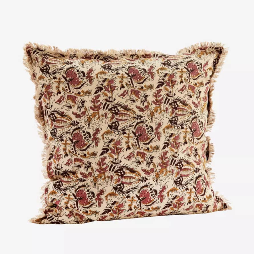Madam Stoltz Printed Cushion Cover with Fringes - Nude, Rose, Ruby Wine & Mustard