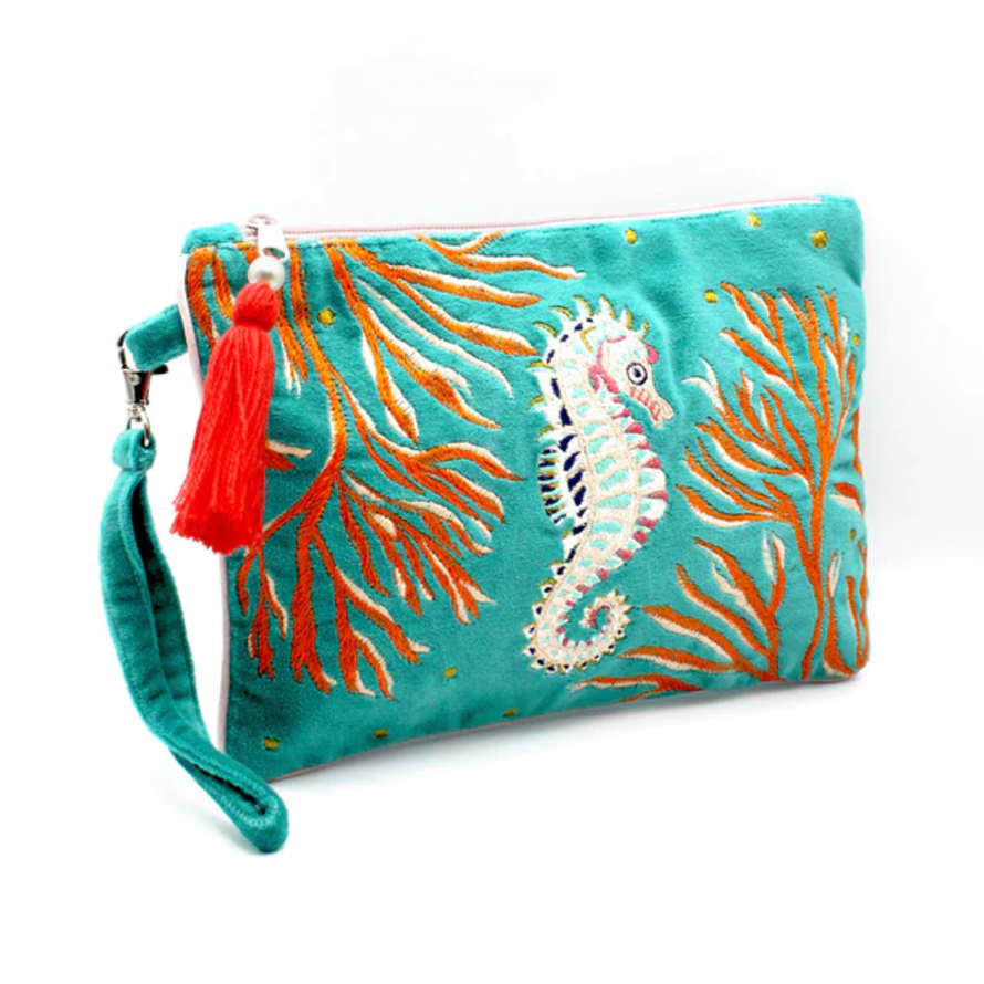 House of disaster Coral Seahorse Velvet Clutch Bag