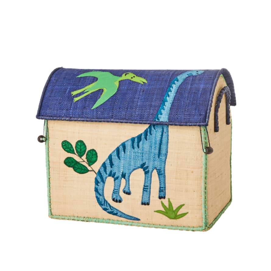 rice Raffia Play & Toy Storage Baskets - Small Blue Dinosaur