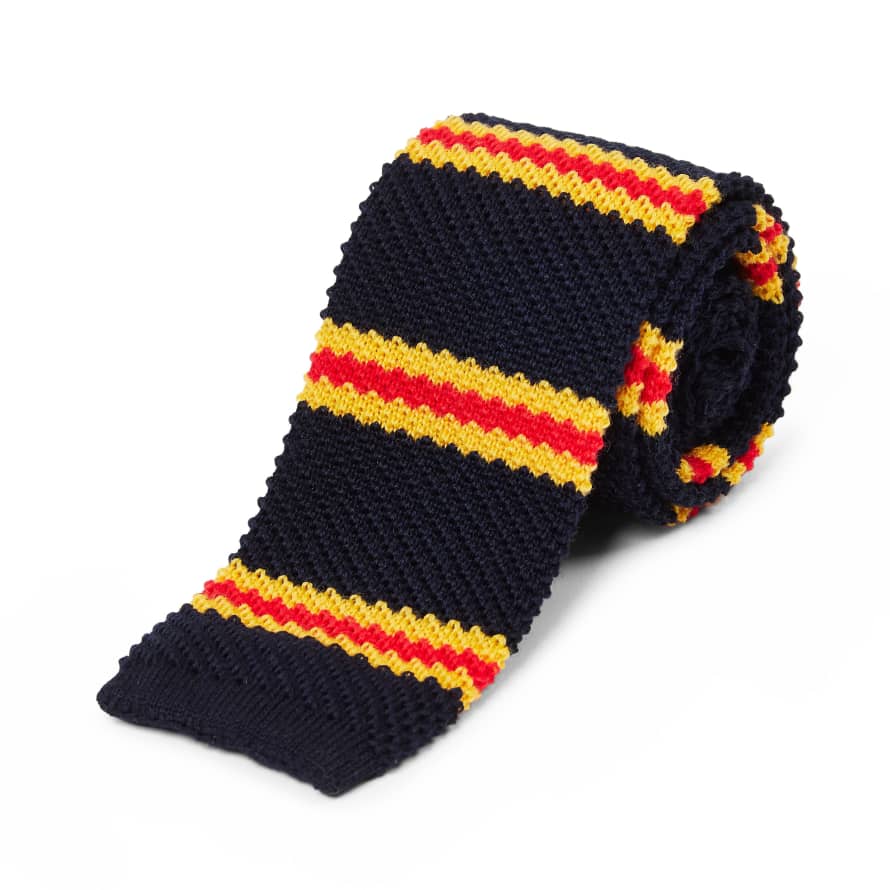 Burrows & Hare  Knitted Tie - Stripe Navy/Red/Yellow