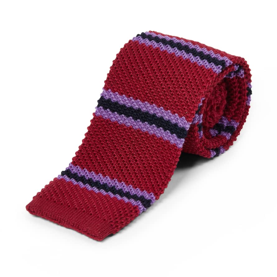 Burrows & Hare  Knitted Tie - Stripe Red/Purple/Navy