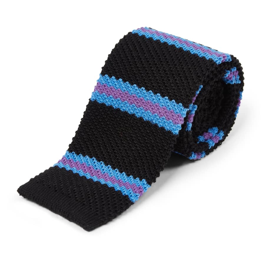 Burrows & Hare  Knitted Tie - Stripe Black/blue/purple