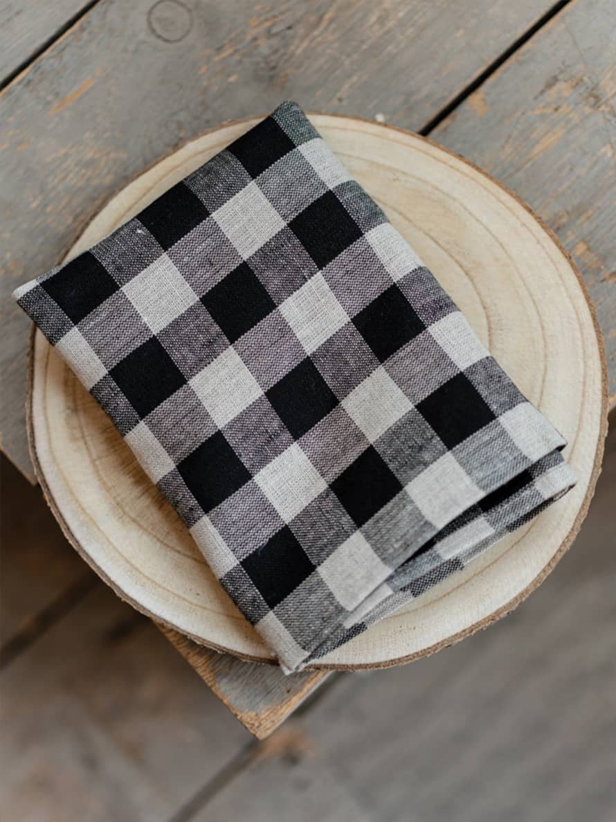 Fog Linen Work Linen Tea Towel In Natural & Black Check