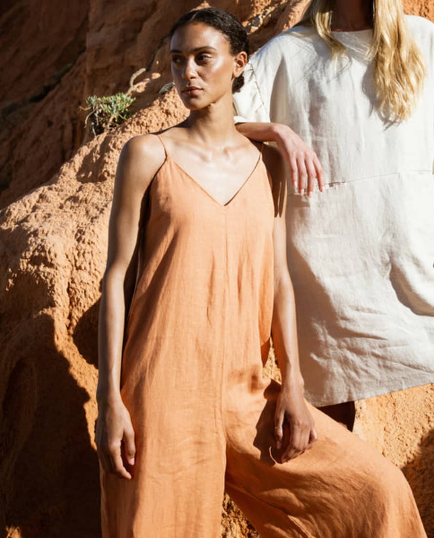 Girls Shirred Organic Linen Jumpsuit - Burnt Orange – FROM ZION