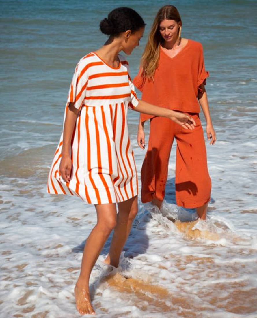 Beaumont Organic Ss23 Lois-sue Organic Cotton Stripe Dress In White & Sunset Orange Stripe