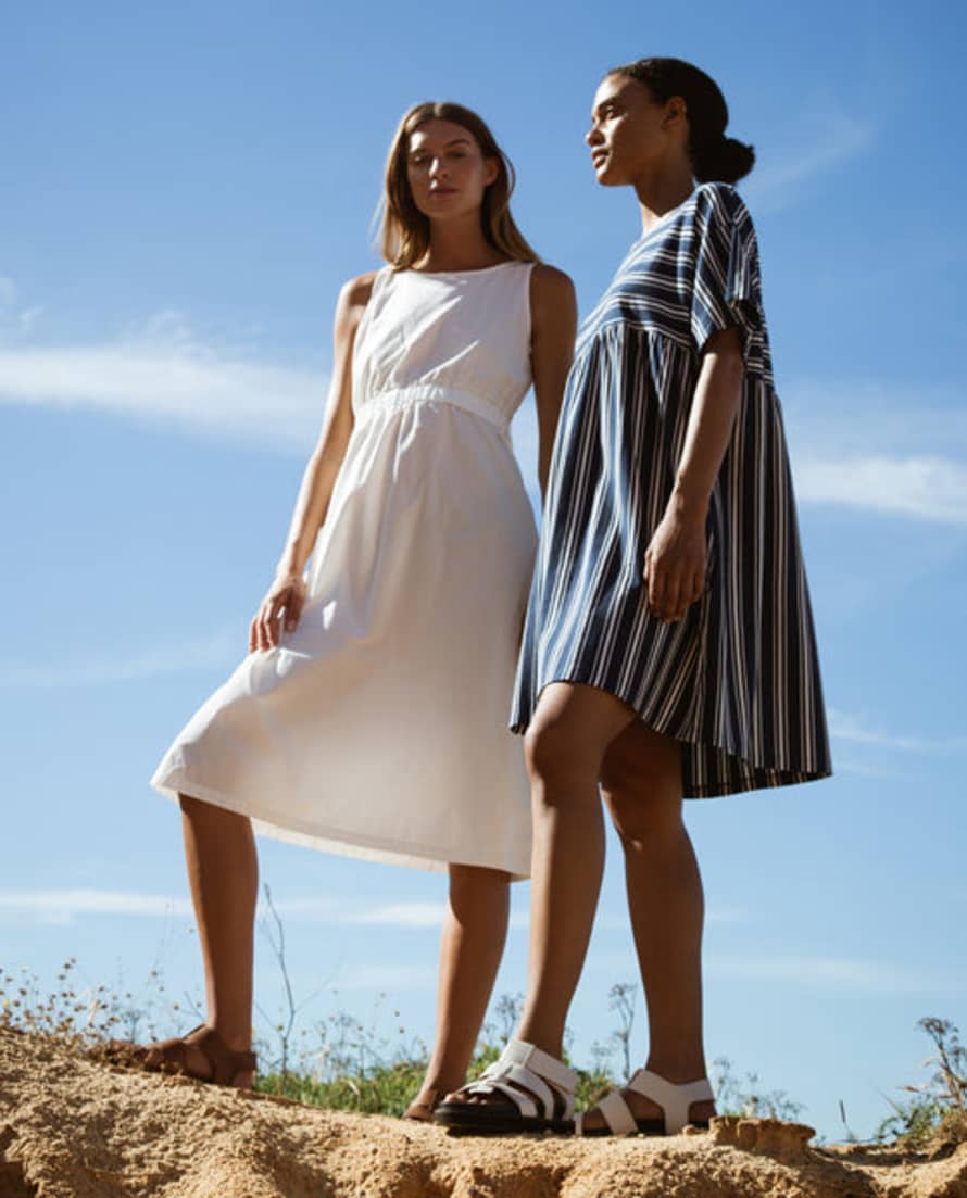 Beaumont Organic Ss23 Lois-sue Organic Cotton Stripe Dress In Indigo & White Stripe