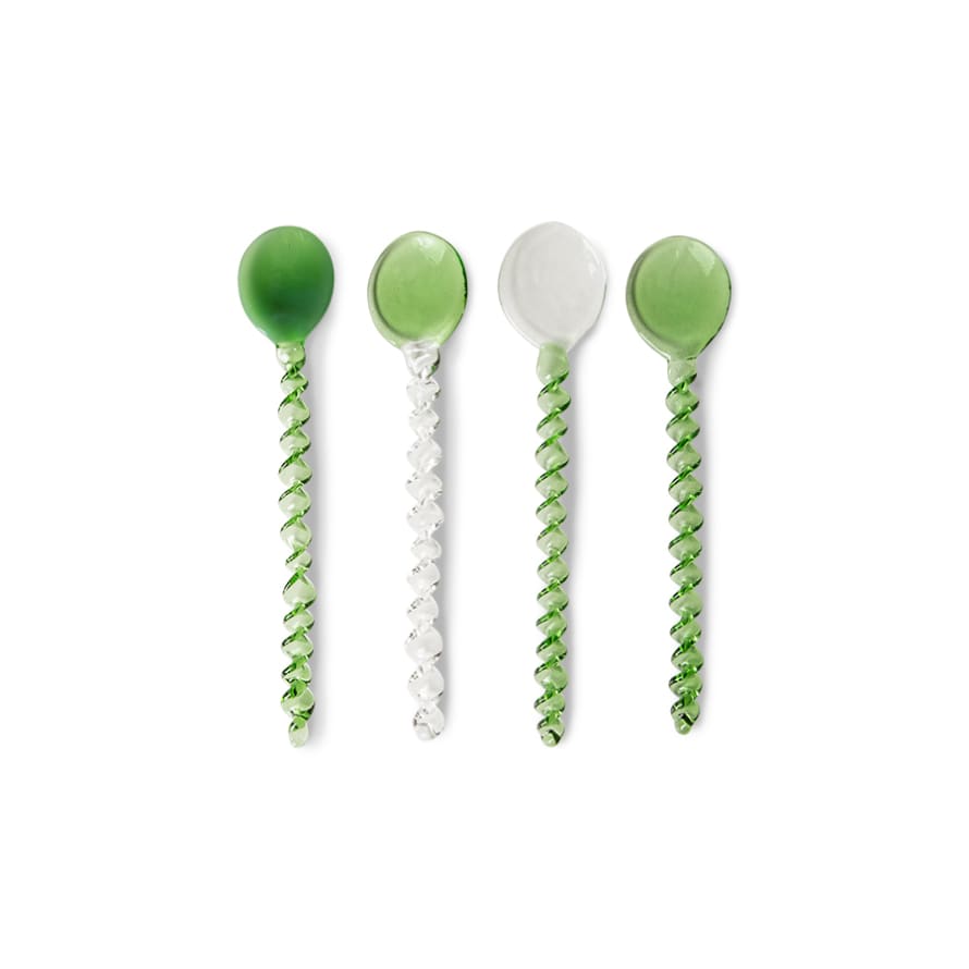 HKliving Twisted glass spoons, green/clear (set of 4) 12x2,5x1cm