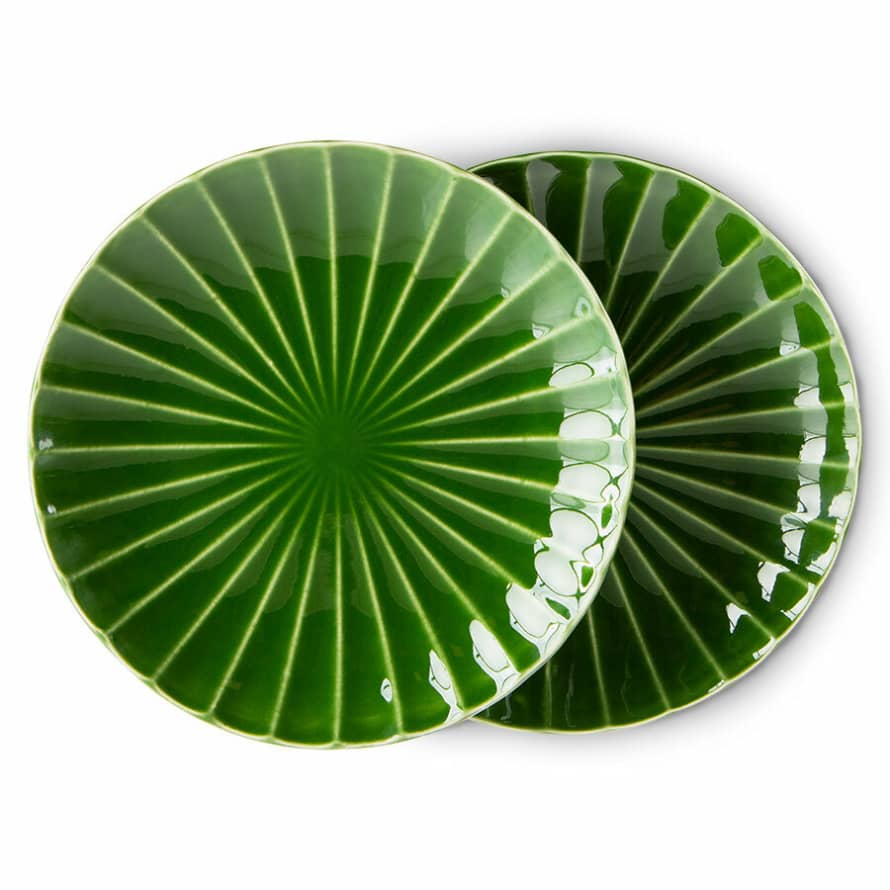 HK Living The emeralds: ceramic side plate ribbed, green (set of 2), 21,6x21,6x2,8cm