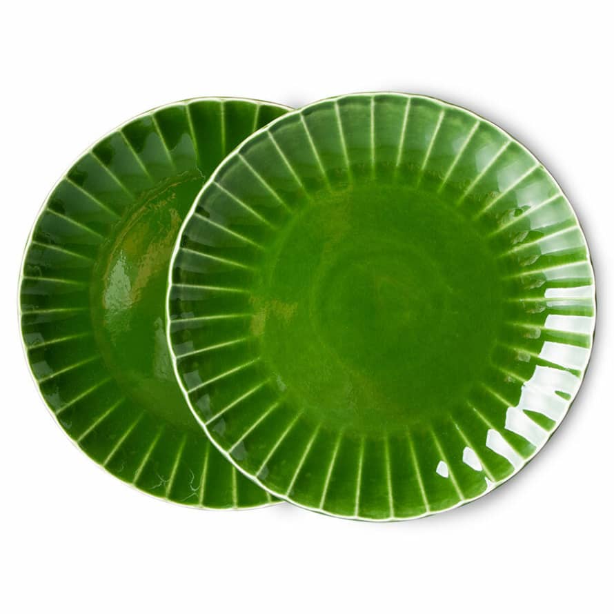 HK Living The emeralds: ceramic dinner plate ribbed, green (set of 2), 27x27x3cm
