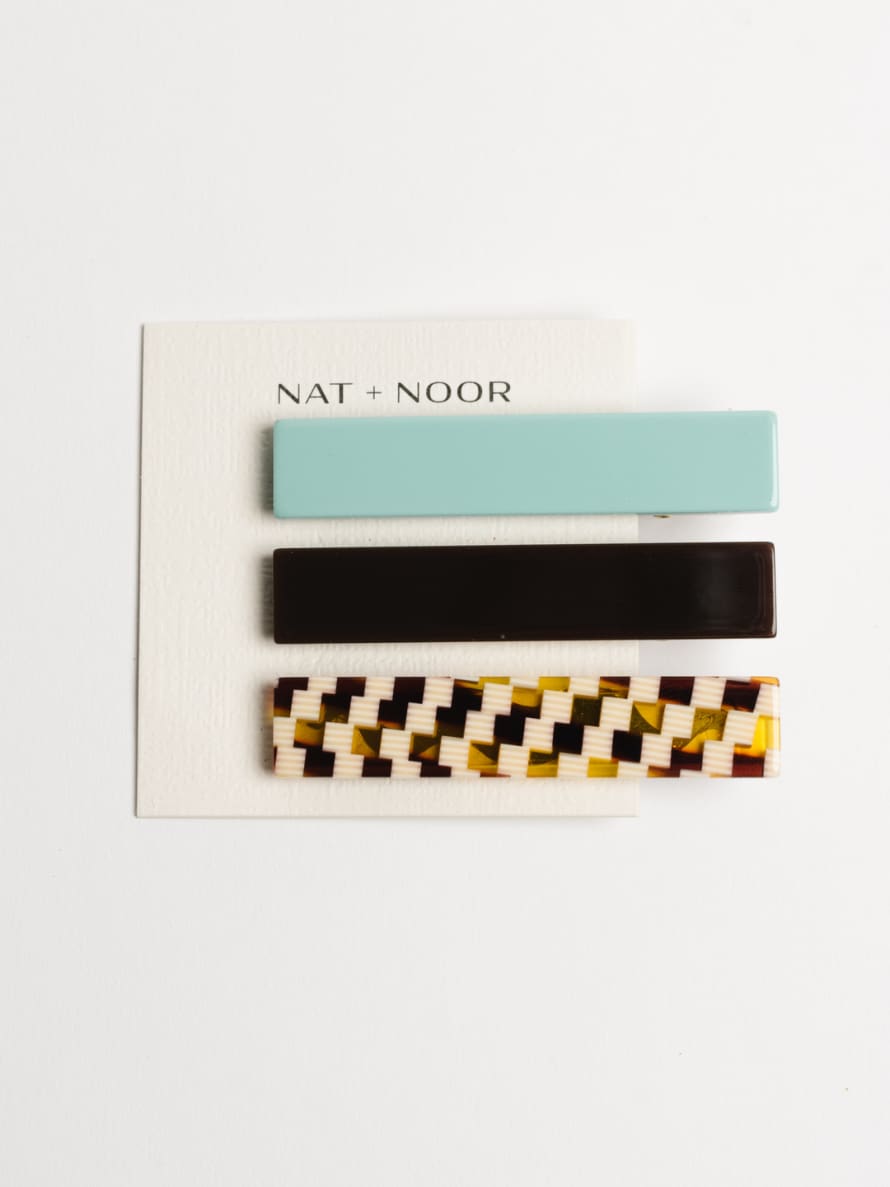 NAT + NOOR Flora  Hair Clips - Set of 3 in Mint, Checkered & Brown