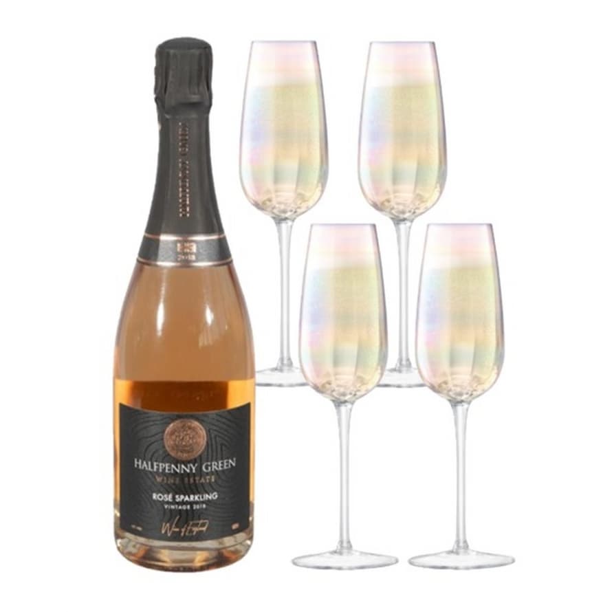 LSA International Pearl Champagne Flute 250ml Mother of Pearl X 4pcs with a Bottle of British Halfpenny Green Sparkling Rose Wine 2018