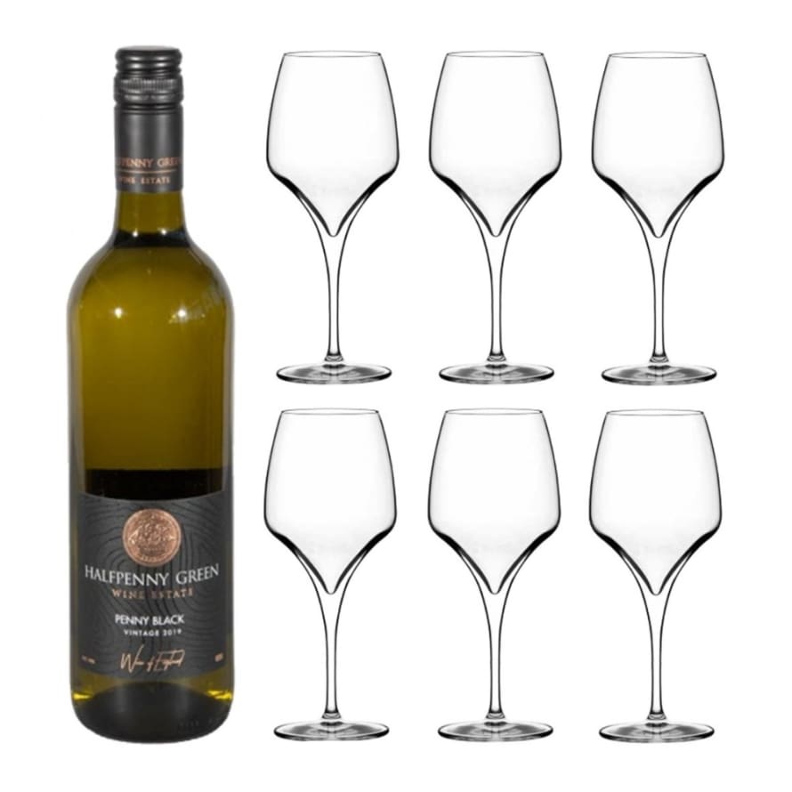 Italesse Tiburon White Wine Glass 500cc - Set Of 6 With A Bottle Of British Halfpenny Green Penny Black White Wine