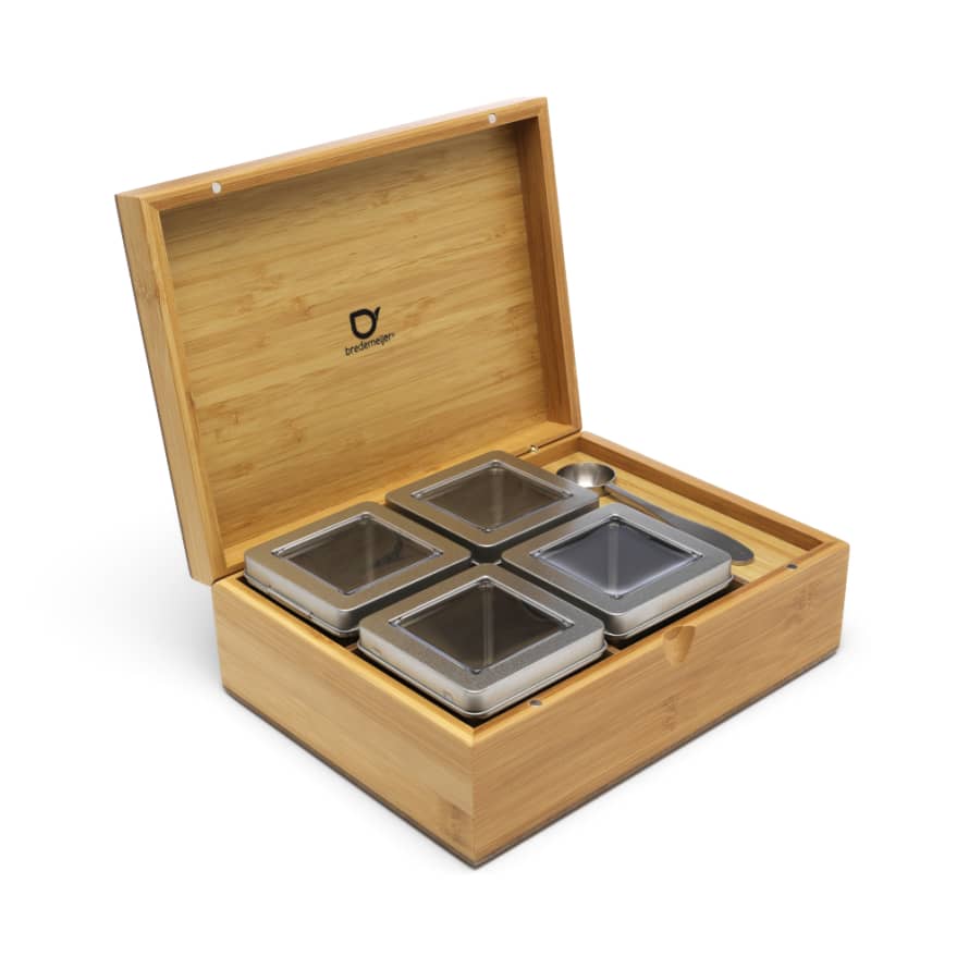 Bredemeijer Bredemeijer Tea Box In Bamboo With 4 Aluminium Canisters And A Tea Measuring Spoon No Window In Lid In Natural
