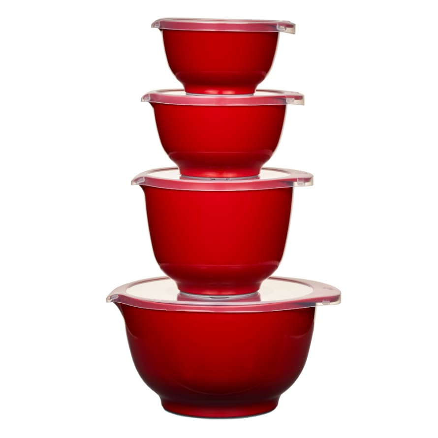 Mepal Rosti Set Of 4 Margrethe Mixing Serving  &  Salad Bowls With Lids - 0.5/0.75/1.5/3.0l - Red