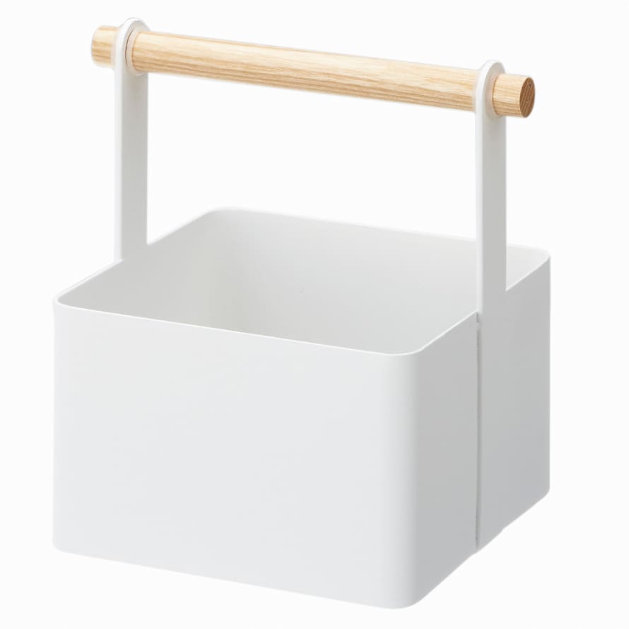 Yamazaki Tosca Tool & General Metal Storage Box With Wooden Carry Handle Small In White