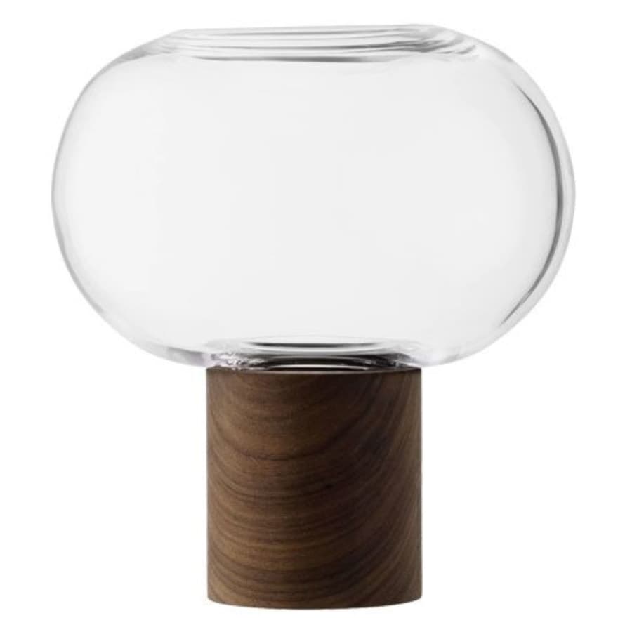 LSA International Oblate Clear Glass Vase with Walnut Base | Height 21.5cm