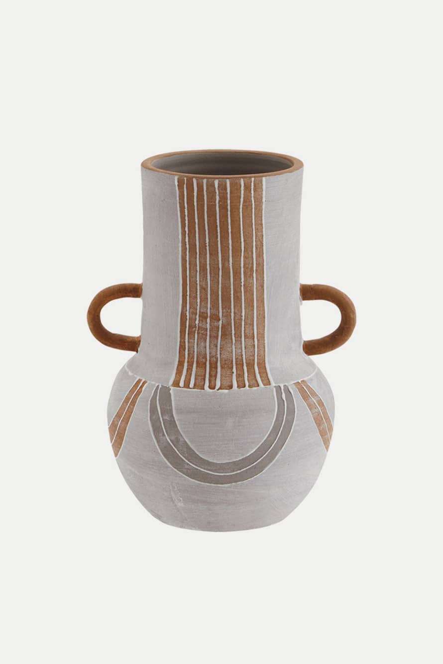 Madam Stoltz Grey Terracotta White Vase with Handles