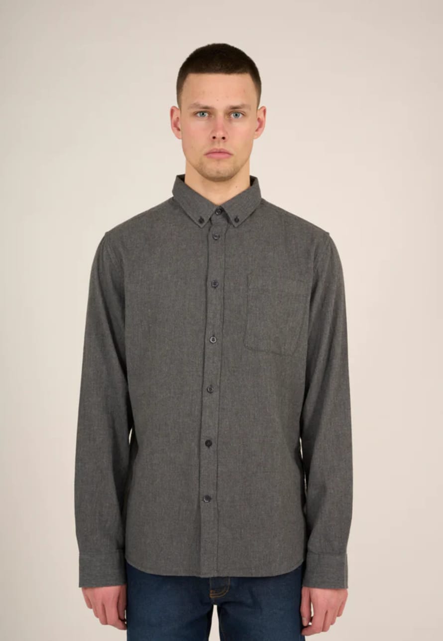 Knowledge Cotton Apparel  Melange Flannel Custom Fit Shirt -Dark Grey