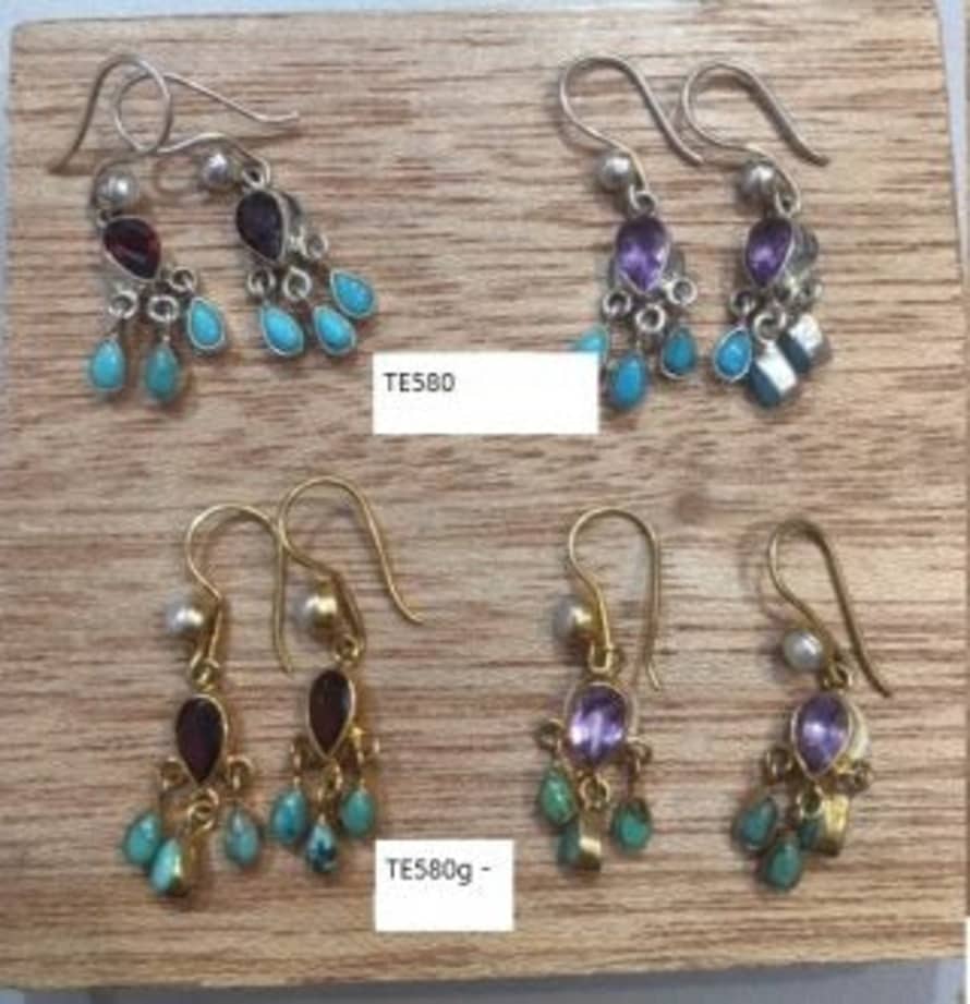 Siren Silver Pearl, Amethyst And Turquoise Drop Earrings Gold Dipped Sterling Silver