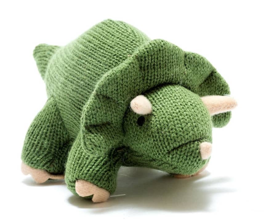 Best Years Moss Green Triceratops Knitted Dinosaur Rattle