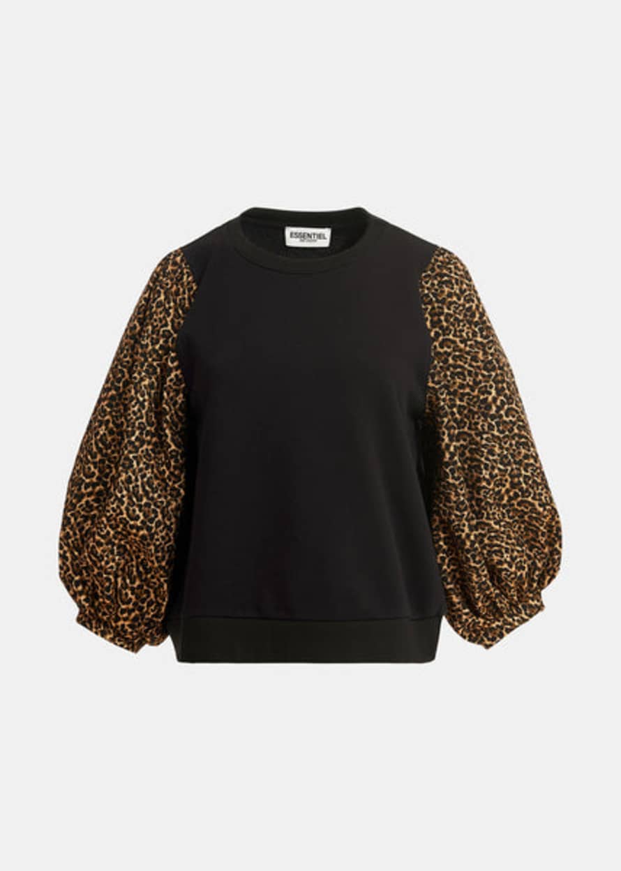 Essentiel Antwerp Black Cotton-jersey Sweatshirt With Leopard-jacquard Sleeves