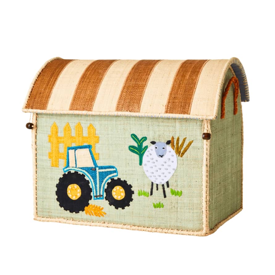 rice Medium Farm Theme Green Sheep Raffia Play & Toy Storage Basket - Rice Dk