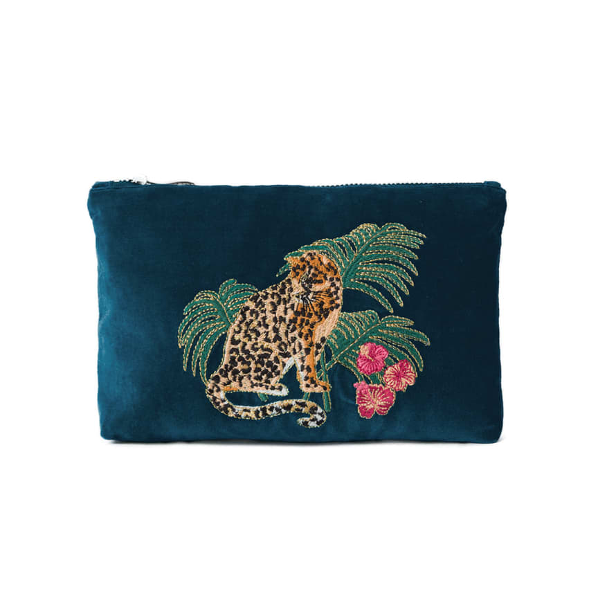 Elizabeth Scarlett Jungle Jaguar Velvet Mini Pouch | Ink Blue