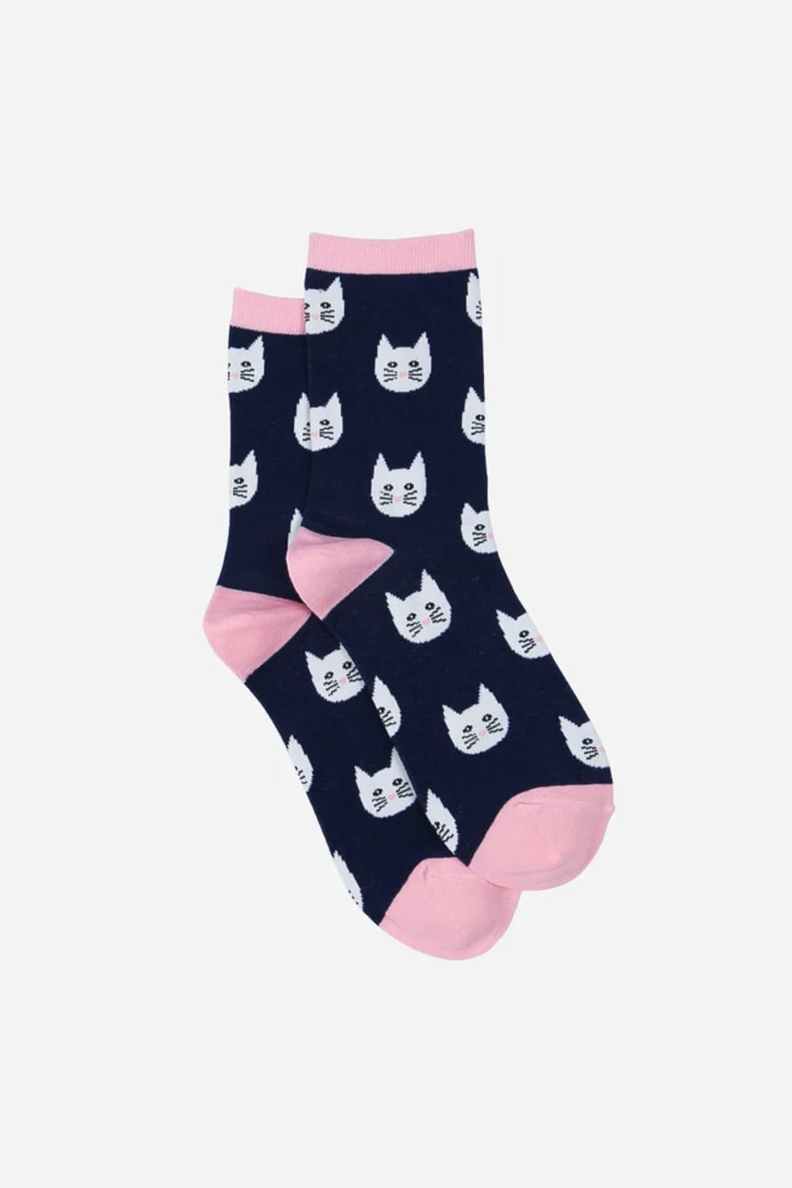 Miss Shorthair Womens Cat Print Bamboo Socks in Blue and Pink