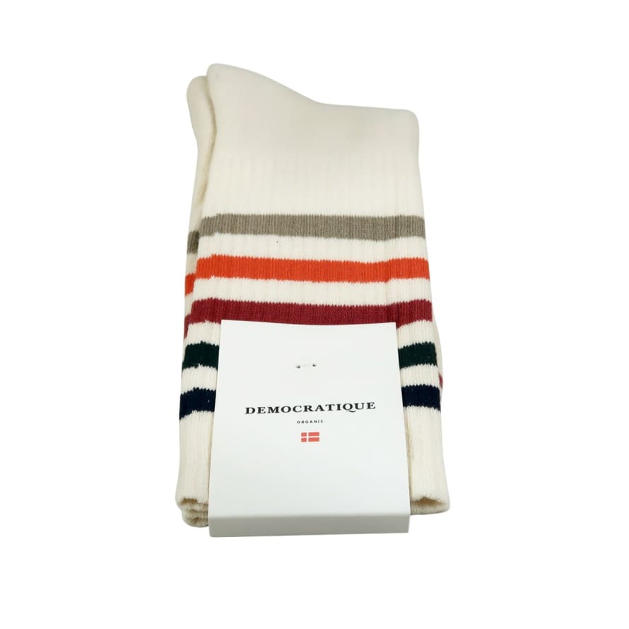 Democratique Socks Men’s Socks – Super Stripes – Off White/Navy/Forest Green/Light Rosso/Okker Orange/Rough Sand