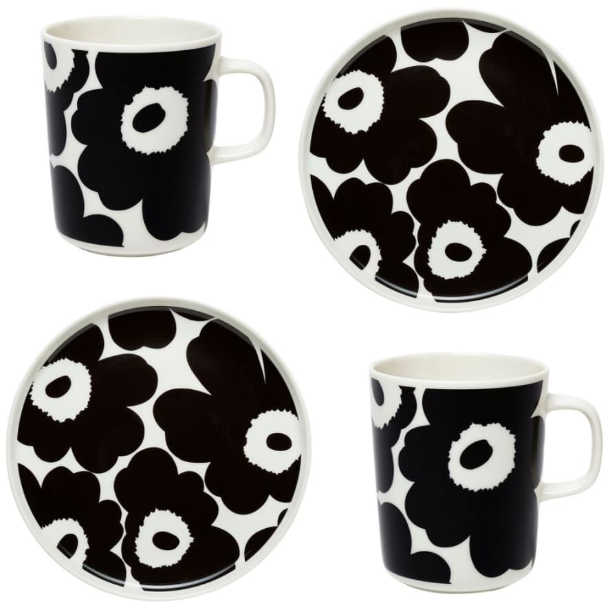Marimekko Oiva / Unikko Breakfast Set 2-piece Mug + Plate White, Black
