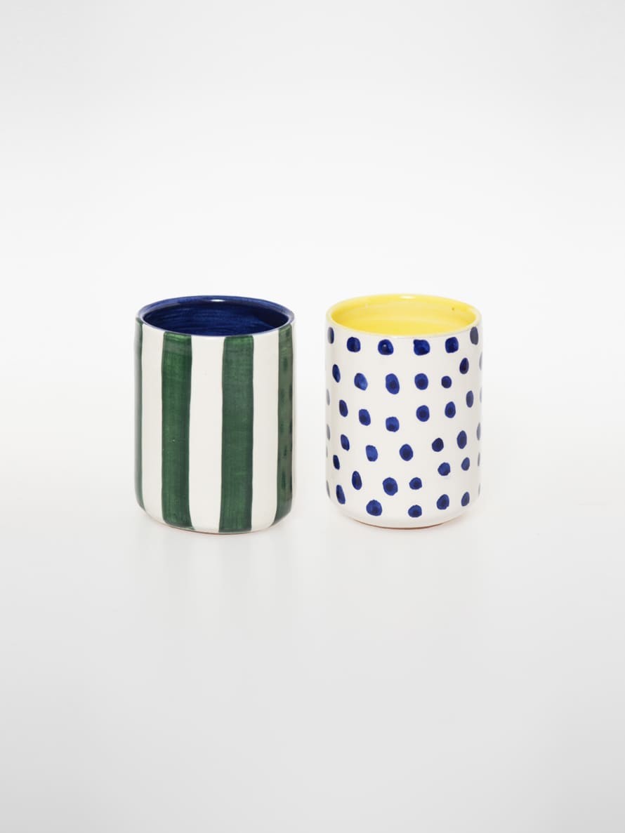 Pura Cal Handmade and Painted Comporta Mug with Blue Dots and Green Stripes Zuvi Zeva Zivi - Set of 2