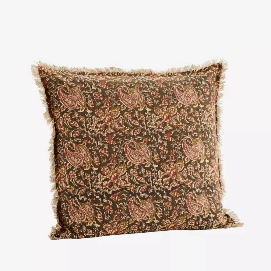 Madam Stoltz Moss Sand Printed Cushion Cover with Fringes