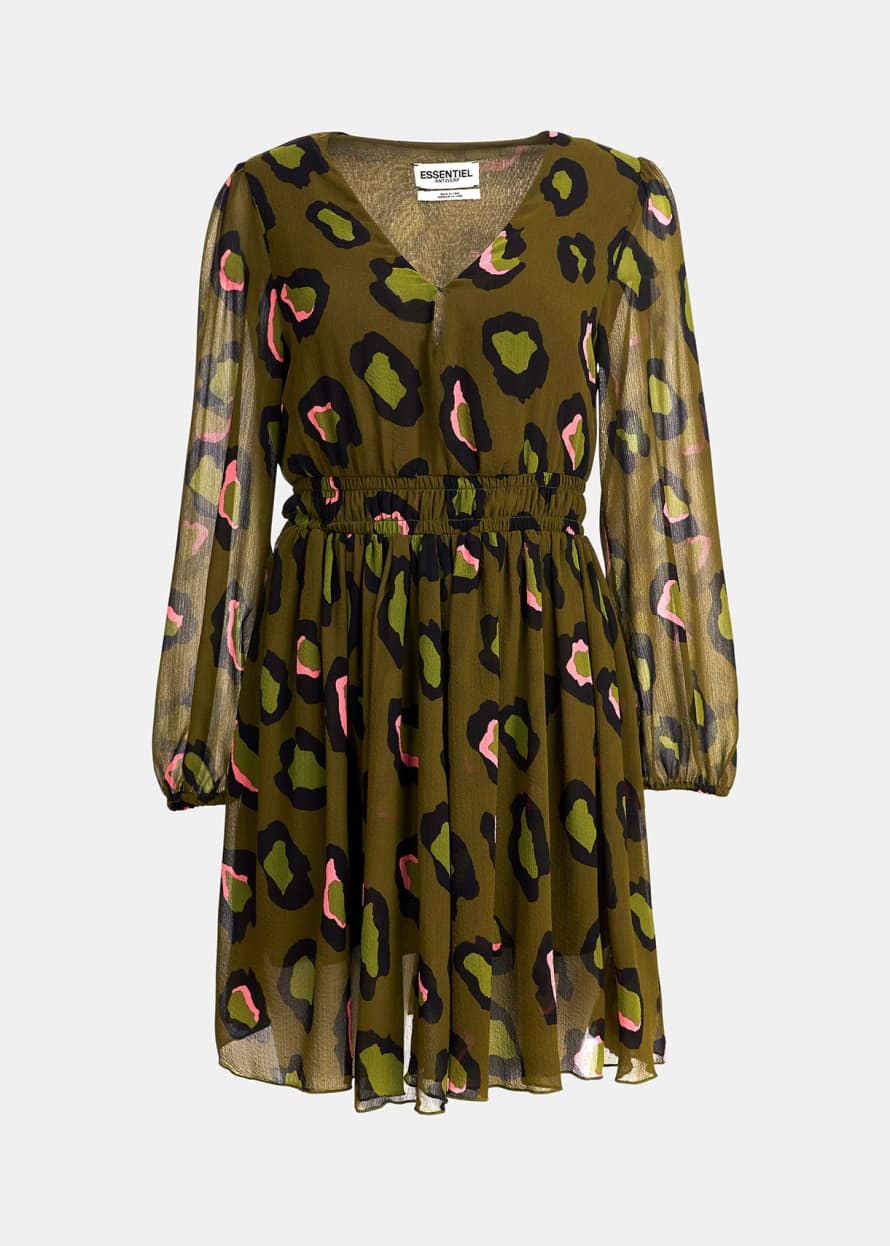 Essentiel Antwerp Khaki and Black Coprey Leopard Print Short Dress