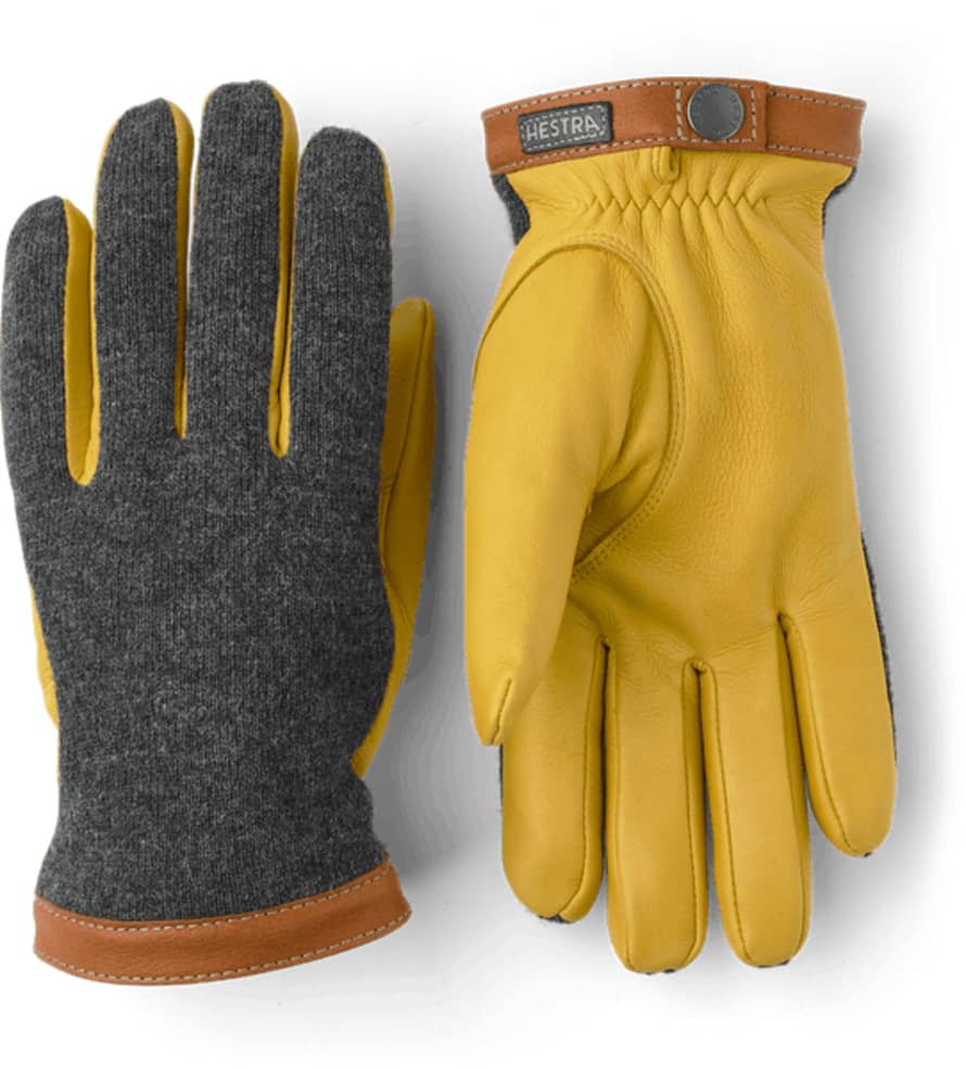 Hestra Charcoal And Natural Yellow Deerskin Wool Tricot Gloves