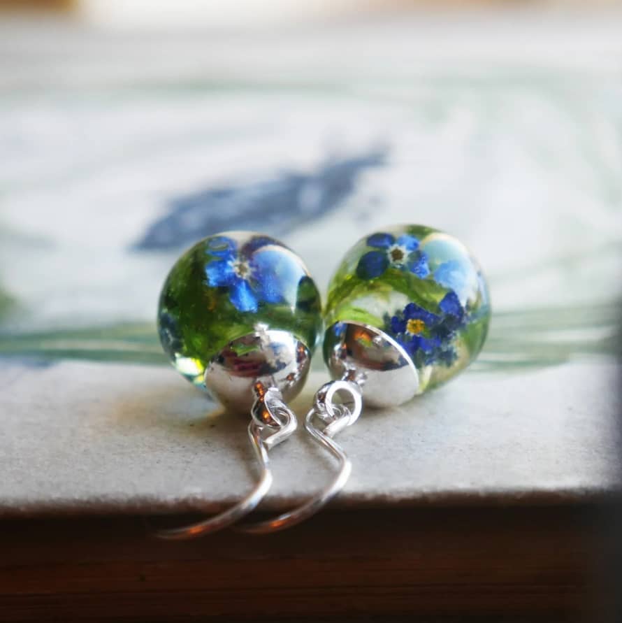 Botanic Isles Forget Me Not and Moss Resin Sphere Earrings