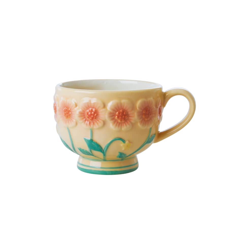 rice Ceramic Mug with Embossed Flower Design in Cream
